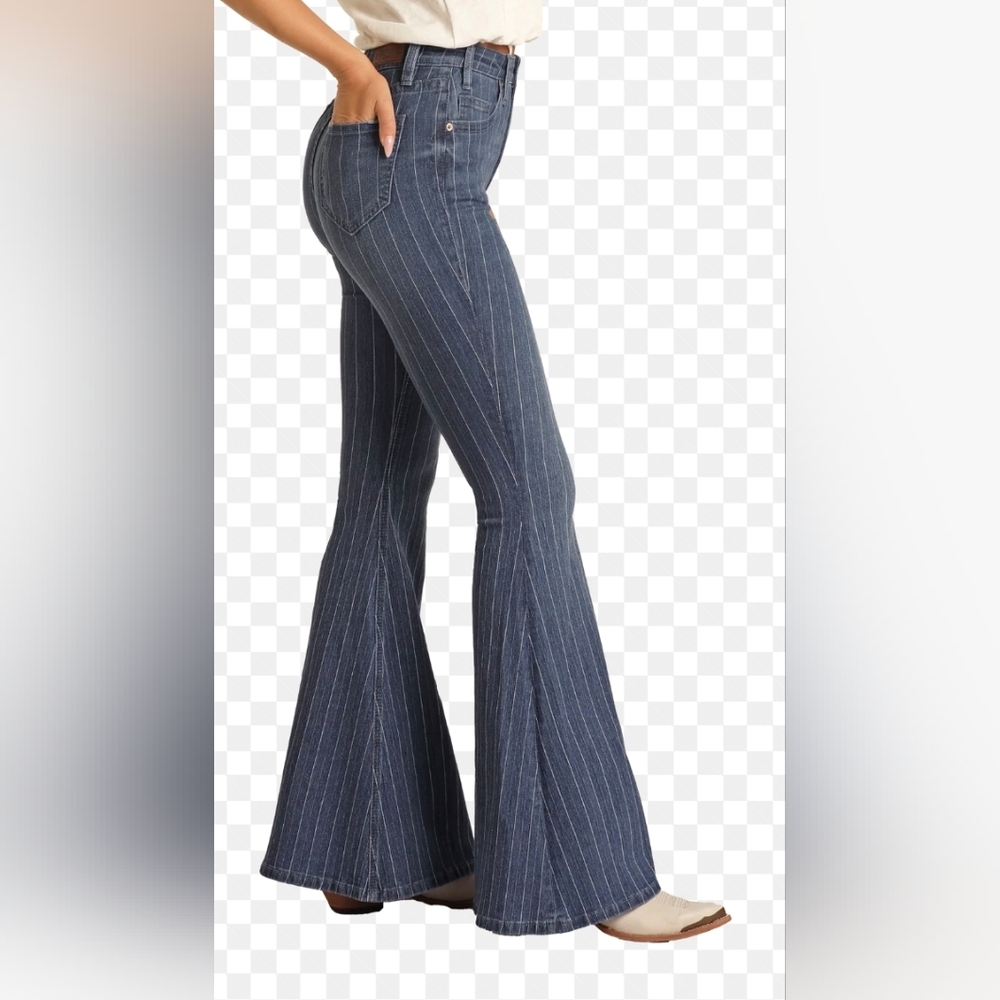 Rock & Roll Striped High Rise Bell Bottom Jeans Sz 31x34 Western Rodeo Casual Bo